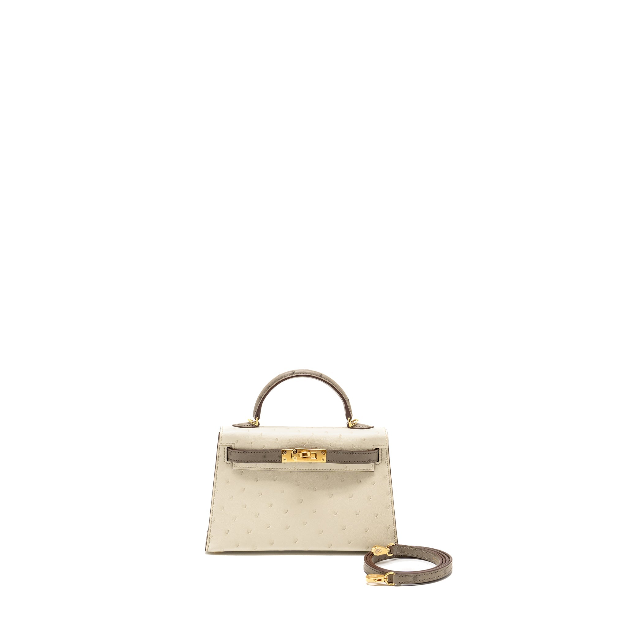 HERMES MINI KELLY II SPECIAL ORDER OSTRICH BETON / GRIS TOURTERELLE GHW