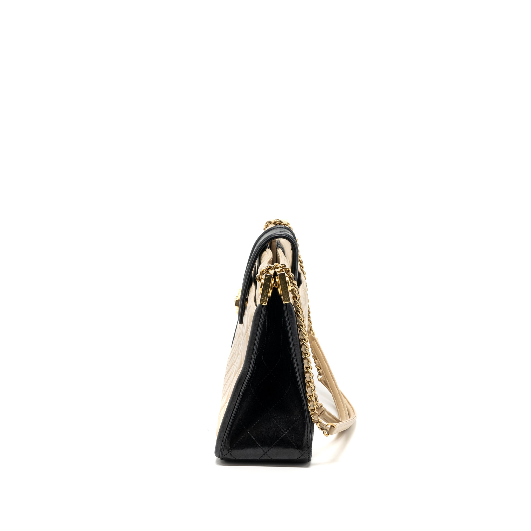 CHANEL QUILTED SMALL SHOPPING TOTE BAG LAMBSKIN BEIGE / BLACK GHW