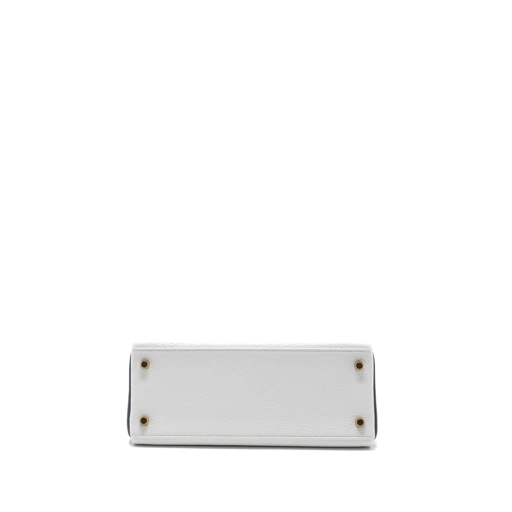 HERMES KELLY 28 SPECIAL ORDER CLEMENCE LEATHER BLANC / BLUE NUIT BRUSHED GHW
