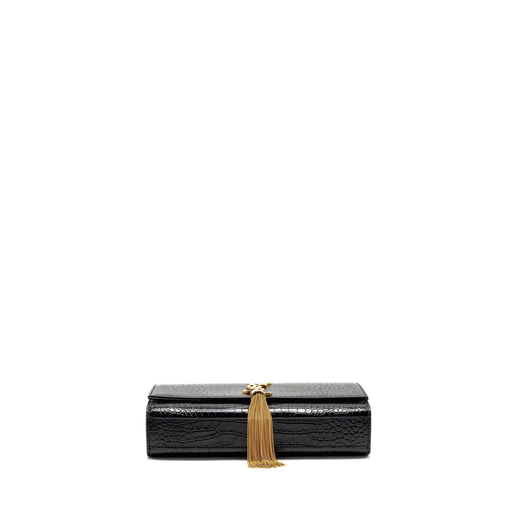 SAINT LAURENT/YSL MEDIUM KATE TASSEL BAG CROC-EMBOSSED CALFSKIN BLACK GHW