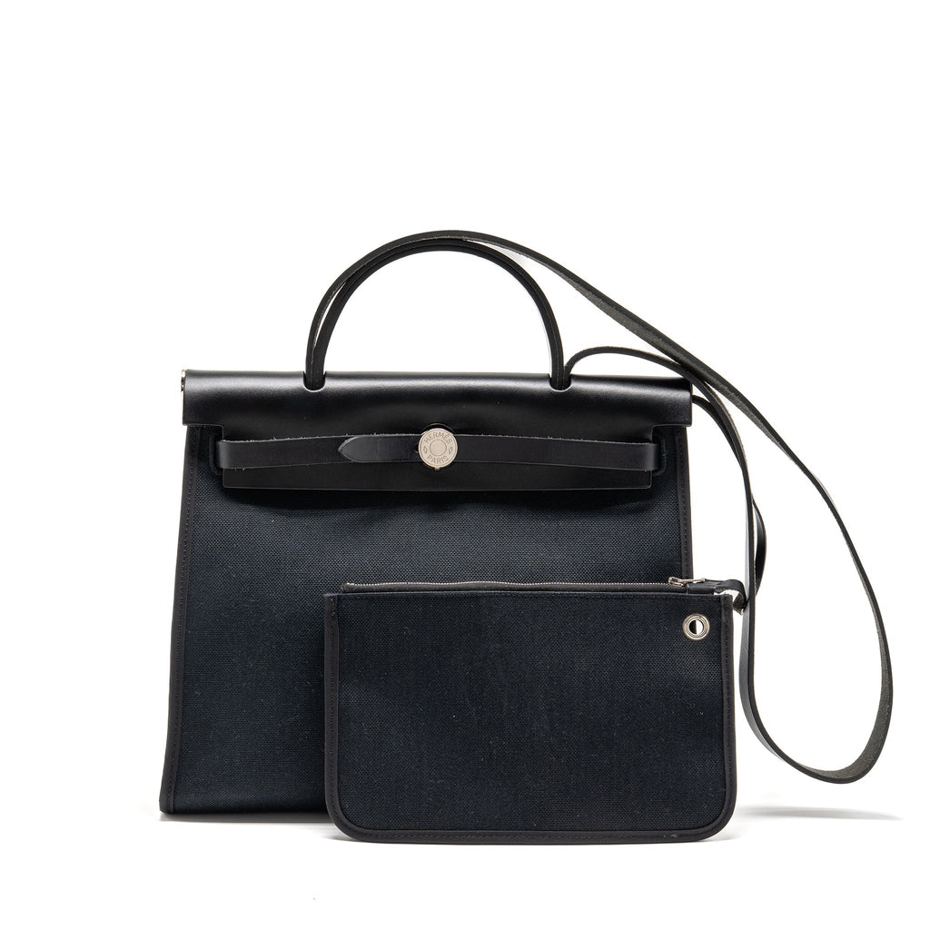 HERMES HERBAG 31 ZIP BAG CANVAS/ HUNTER LEATHER BLACK SHW