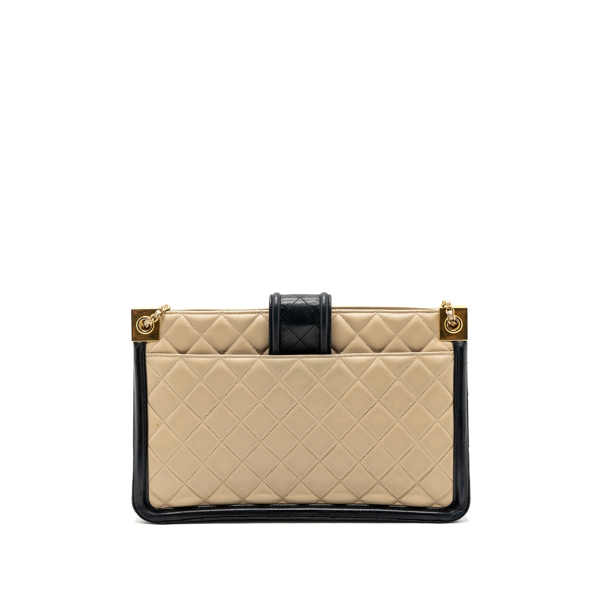 CHANEL QUILTED SMALL SHOPPING TOTE BAG LAMBSKIN BEIGE / BLACK GHW