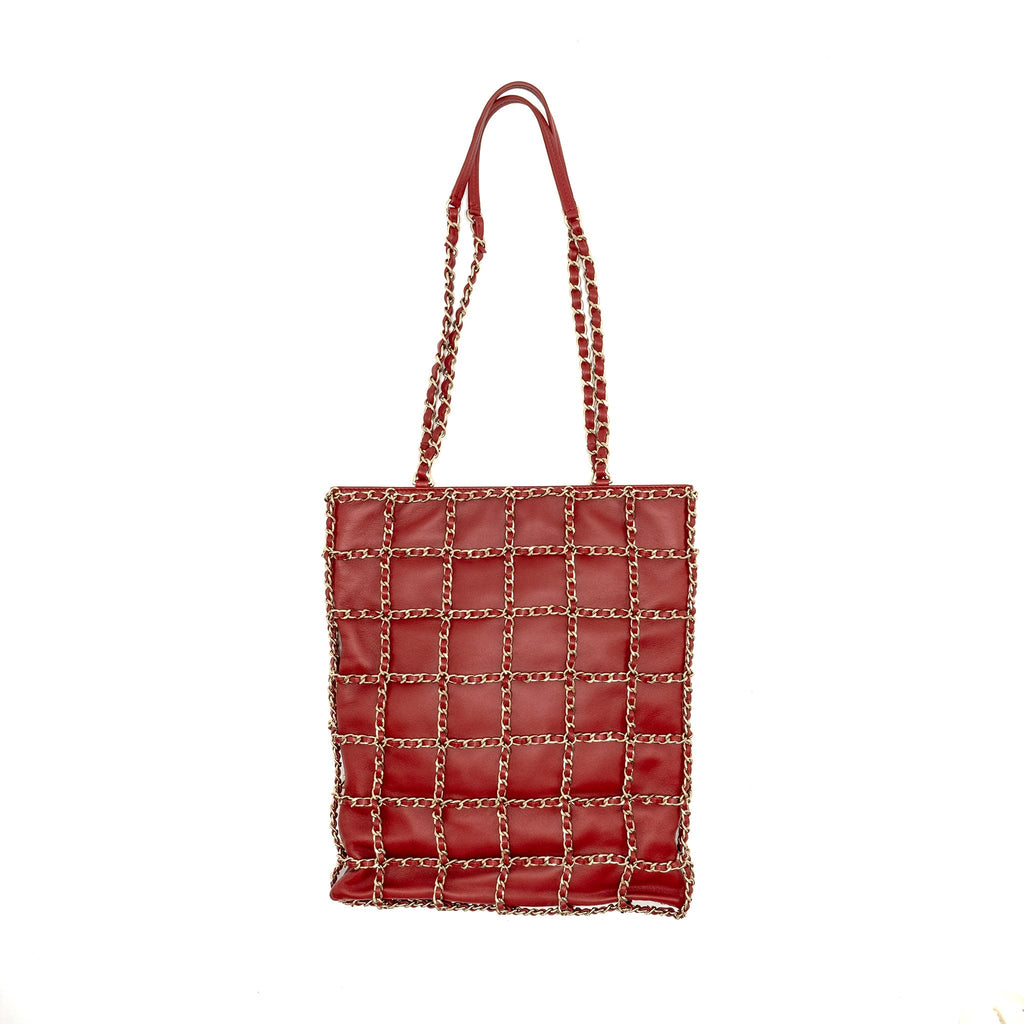 CHANEL 20A CHAIN FRAME CC CHARM SHOPPING TOTE BAG LAMBSKIN RED LGHW