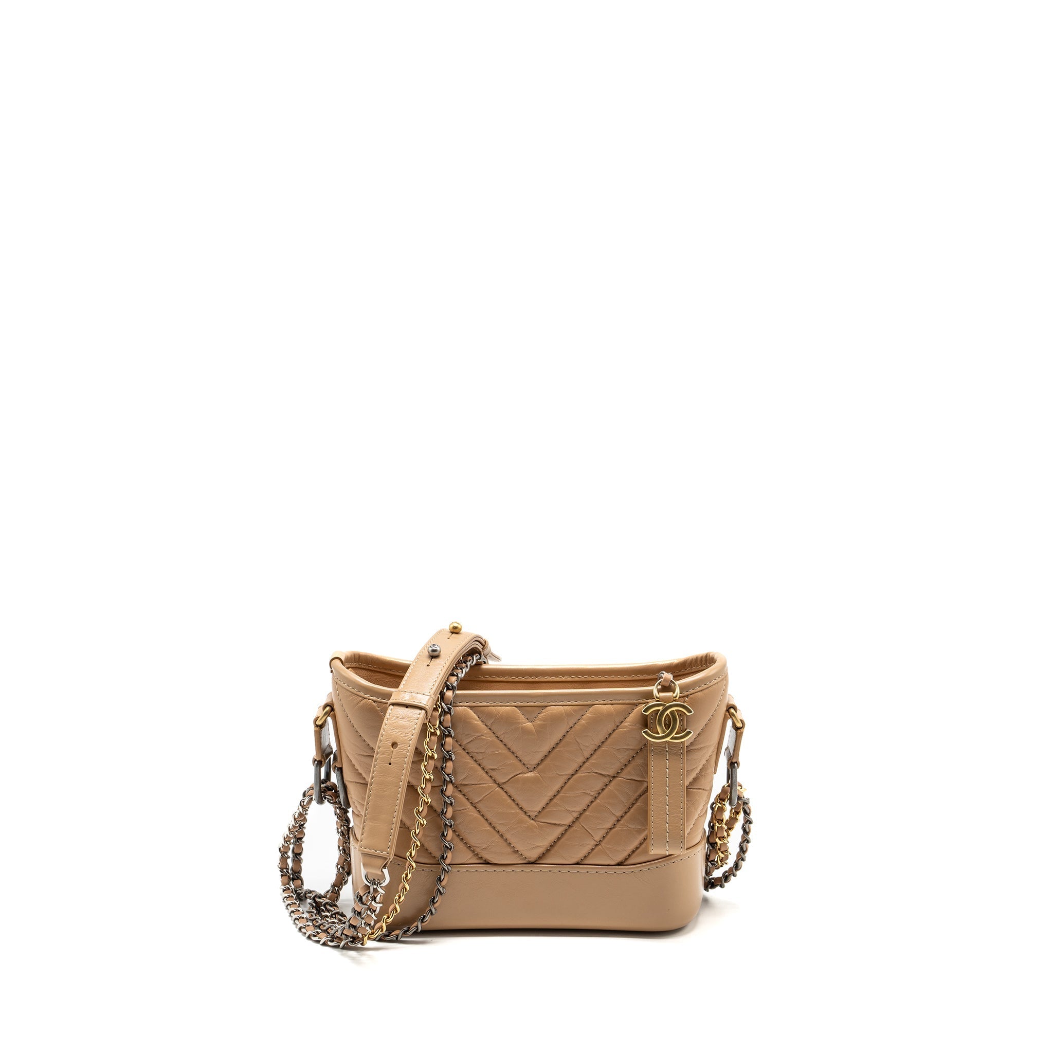 CHANEL SMALL CHEVRON GABRIELLE HOBO BAG CALFSKIN BEIGE MULTICOLOUR HARDWARE