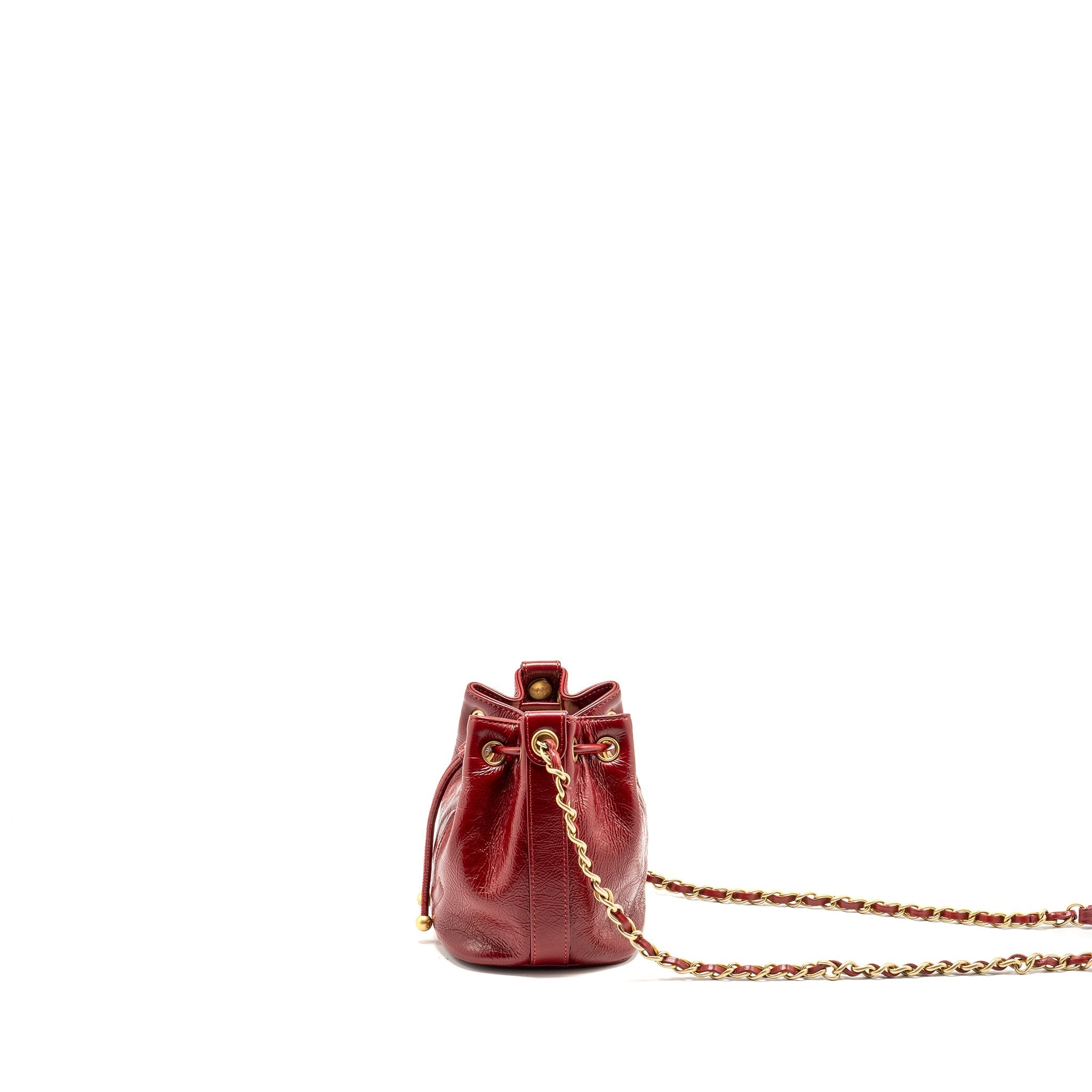 CHANEL CC DRAWSTRING MINI BUCKET BAG SHINY AGED CALFSKIN RED GHW