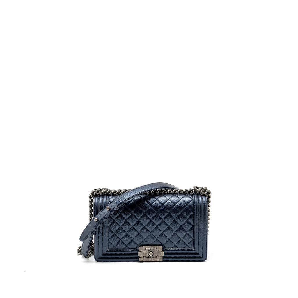 CHANEL MEDIUM BOY BAG CAVIAR METALLIC BLUE RUTHENIUM HARDWARE