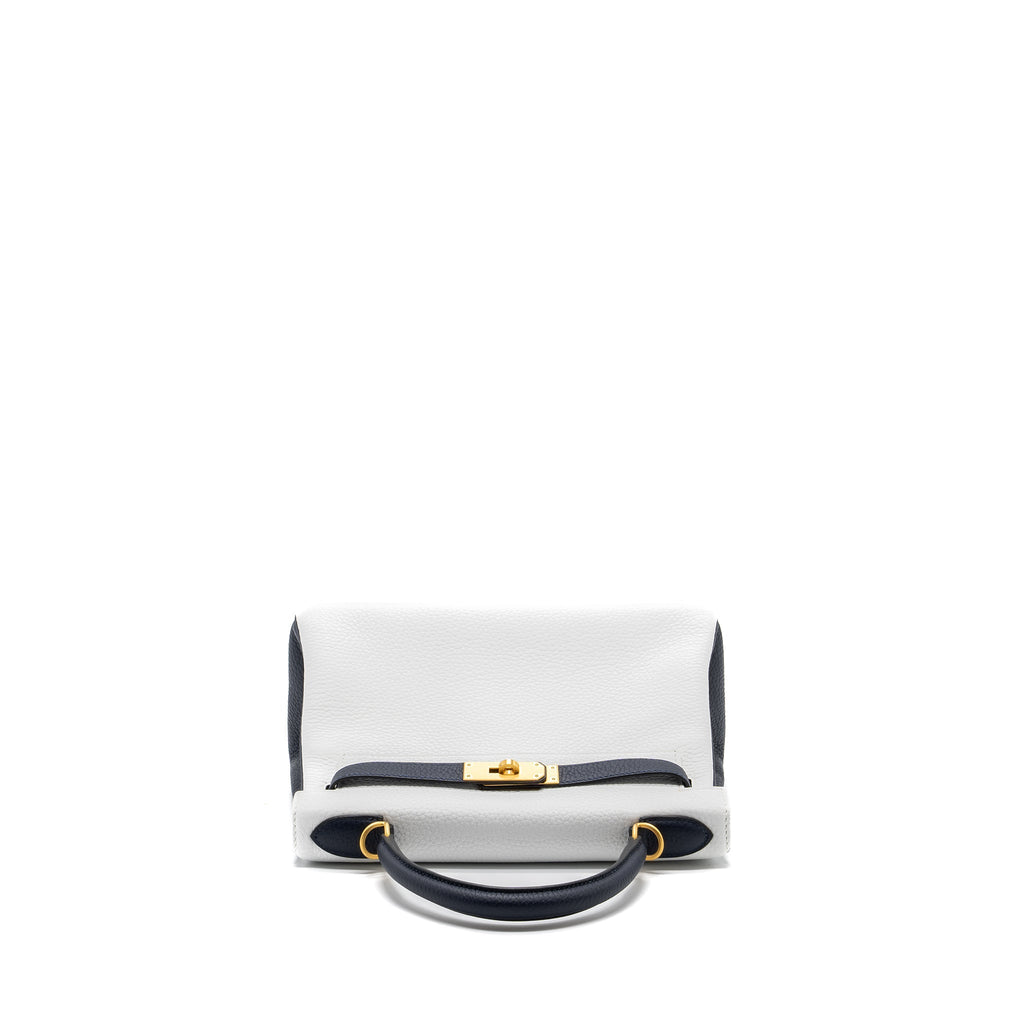 HERMES KELLY 28 SPECIAL ORDER CLEMENCE LEATHER BLANC / BLUE NUIT BRUSHED GHW