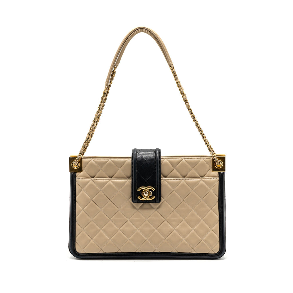 CHANEL QUILTED SMALL SHOPPING TOTE BAG LAMBSKIN BEIGE / BLACK GHW
