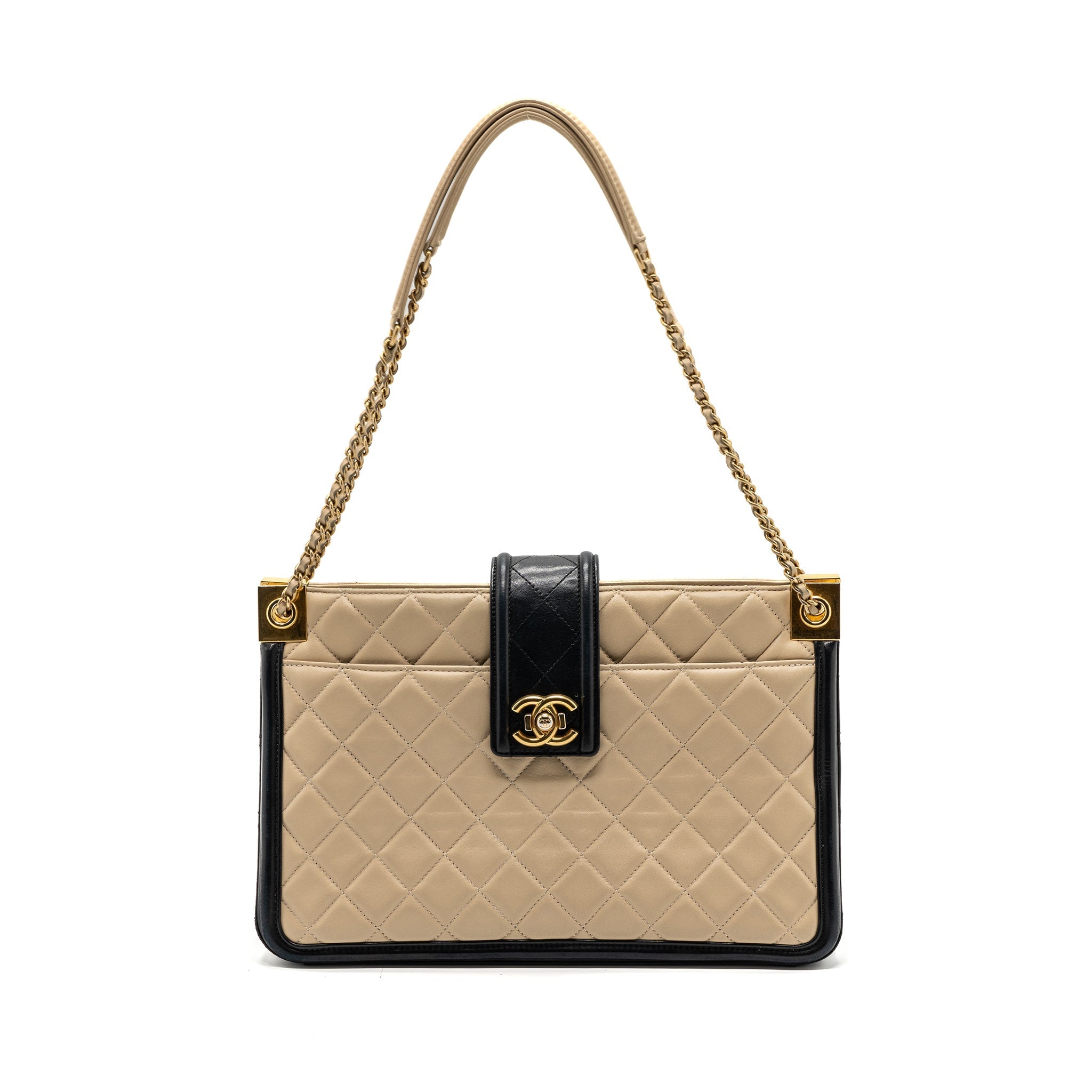 CHANEL QUILTED SMALL SHOPPING TOTE BAG LAMBSKIN BEIGE / BLACK GHW