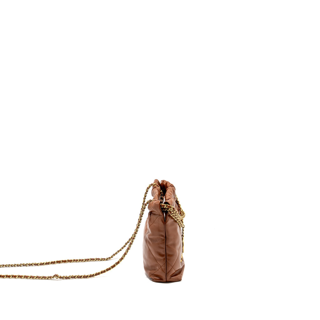 CHANEL MINI 22 BAG SHINY CALFSKIN CARAMEL GHW (MICROCHIP)