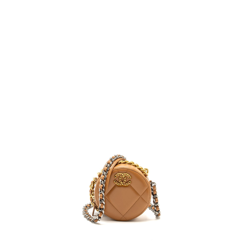 CHANEL 19 ROUND CLUTCH WITH CHAIN LAMBSKIN CARAMEL MULTICOLOUR HARDWARE (MICROCHIP)
