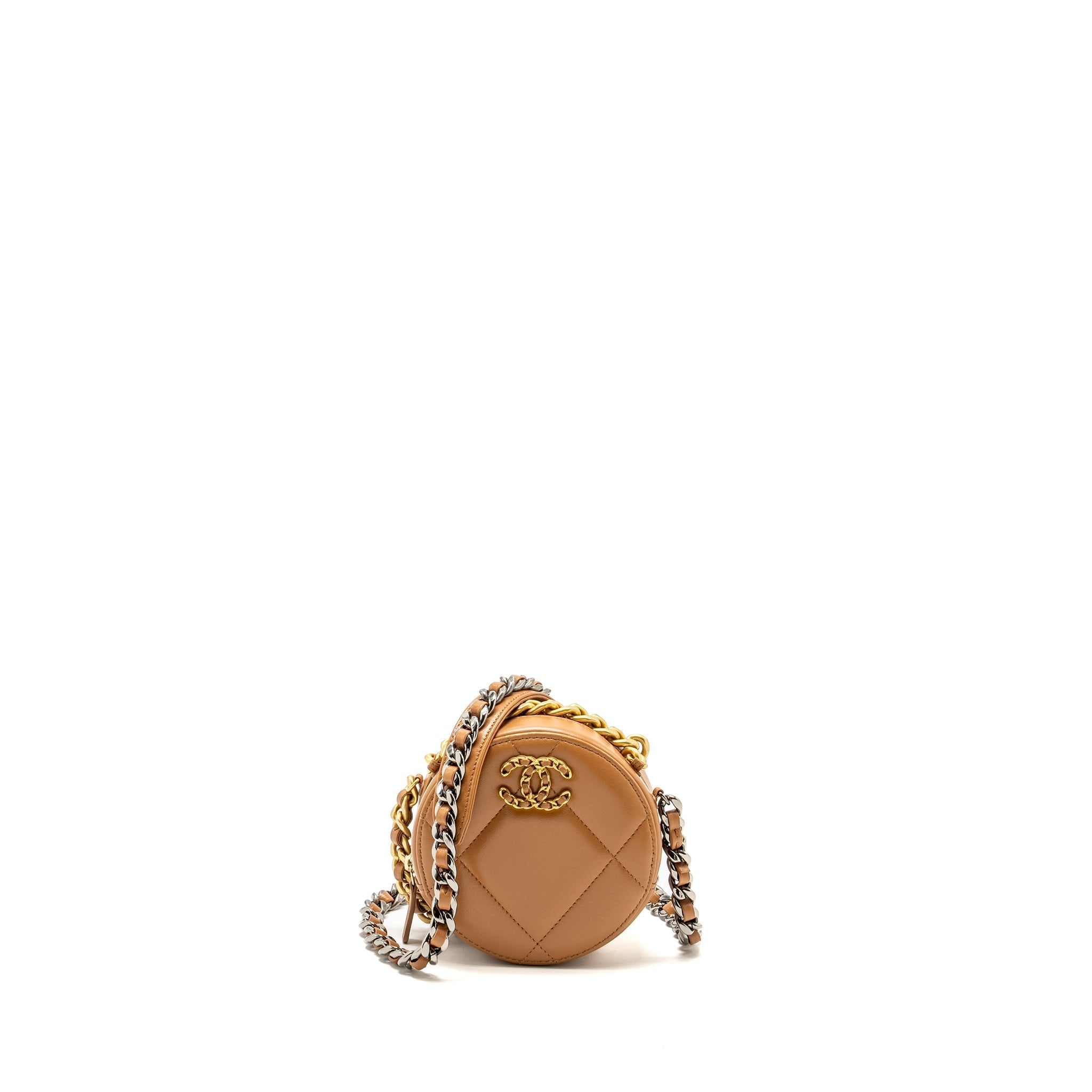 CHANEL 19 ROUND CLUTCH WITH CHAIN LAMBSKIN CARAMEL MULTICOLOUR HARDWARE (MICROCHIP)