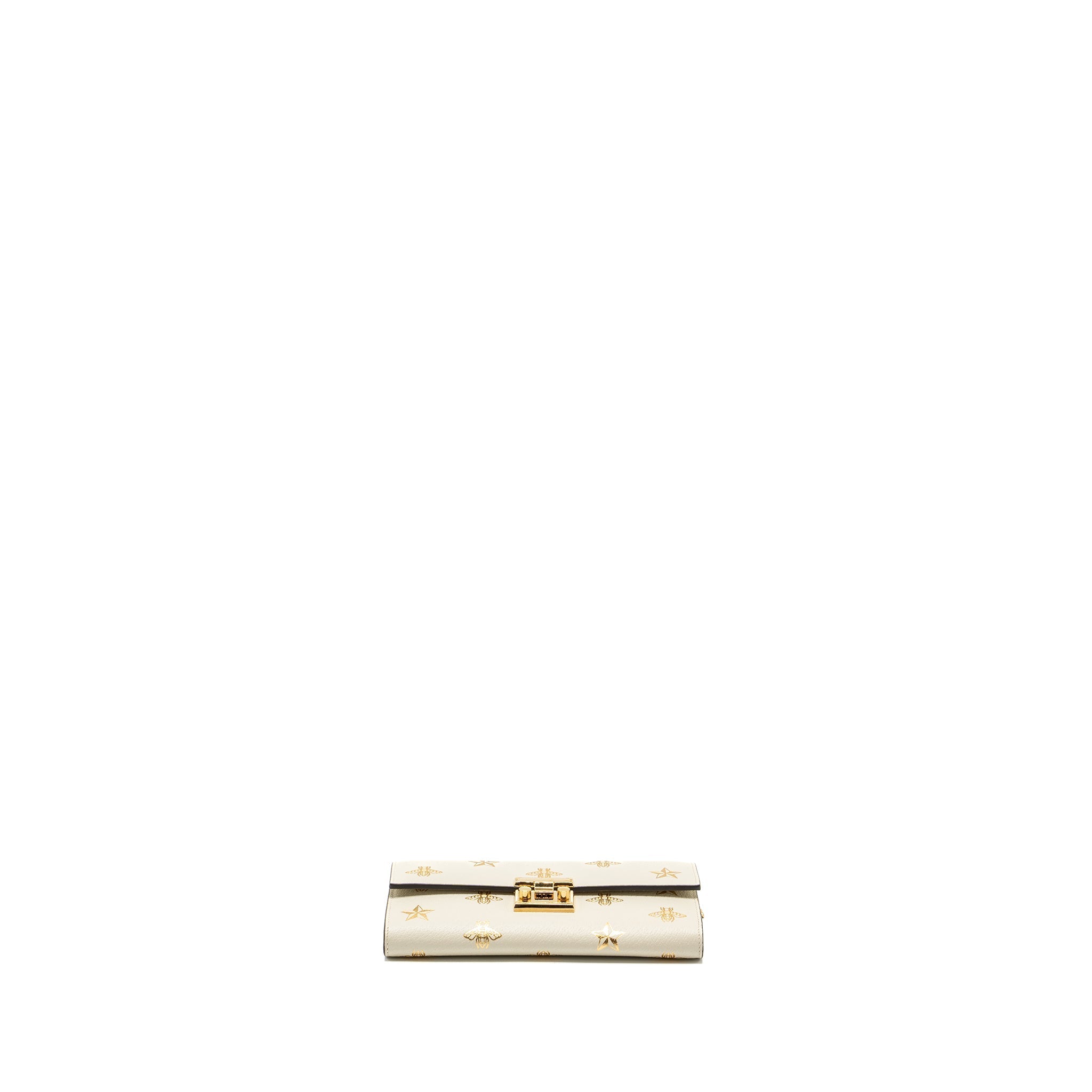 GUCCI MINI PADLOCK POUCH WITH CHAIN WITH BEE PRINTED CALFSKIN WHITE/GOLD GHW