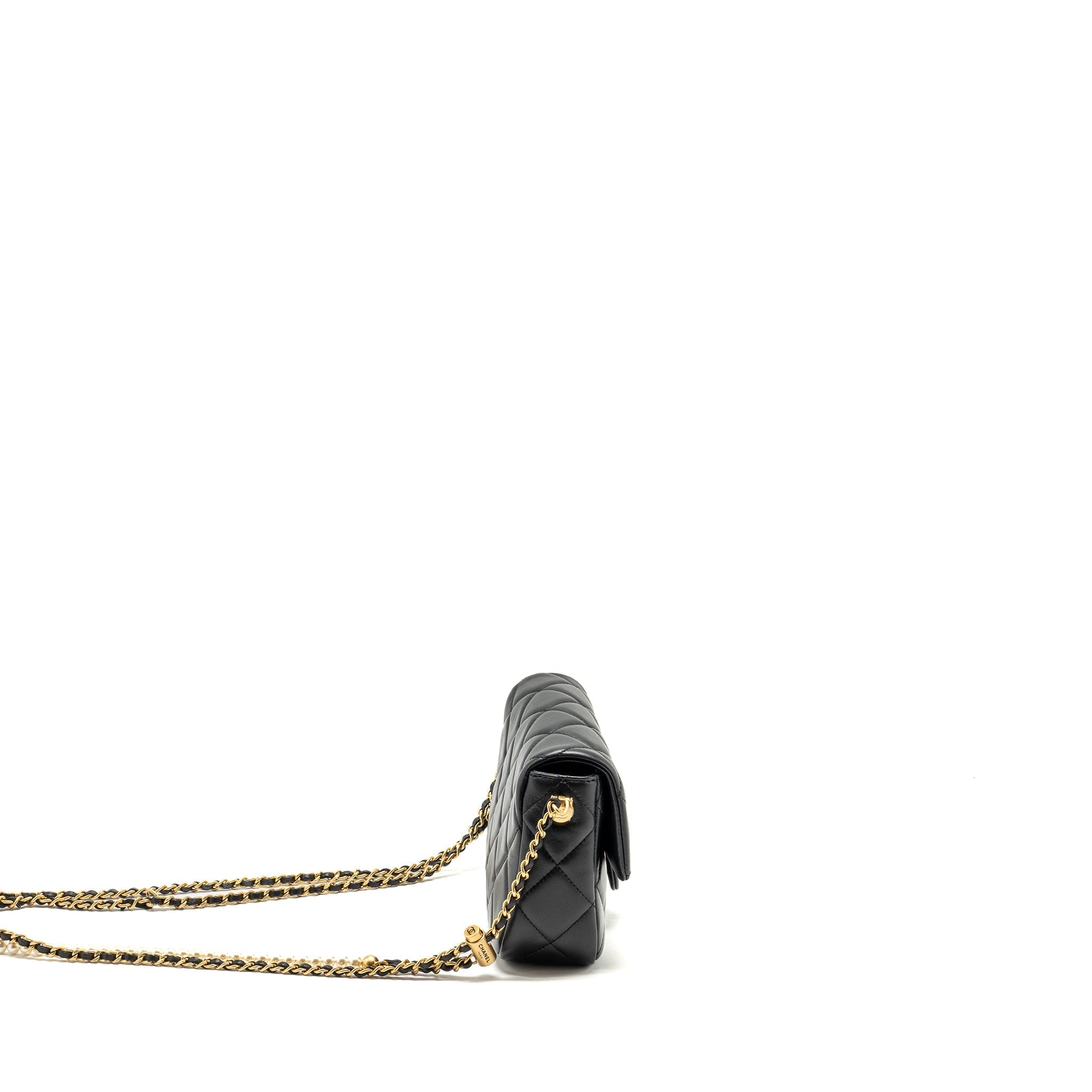 CHANEL MY PERFECT MINI FLAP BAG WITH PEARL CHAIN LAMBSKIN BLACK GHW (MICROCHIP)
