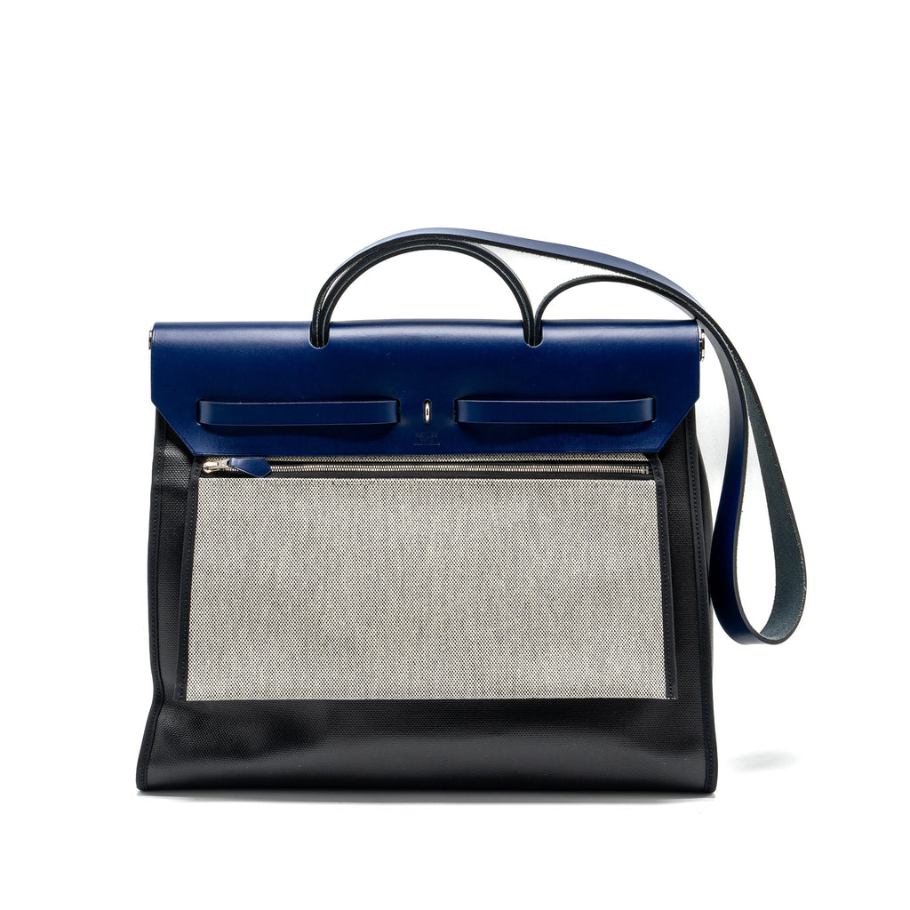 HERMES HERBAG ZIP 39 BAG BERLINE CANVAS/LEATHER BLACK/BLUE SHW