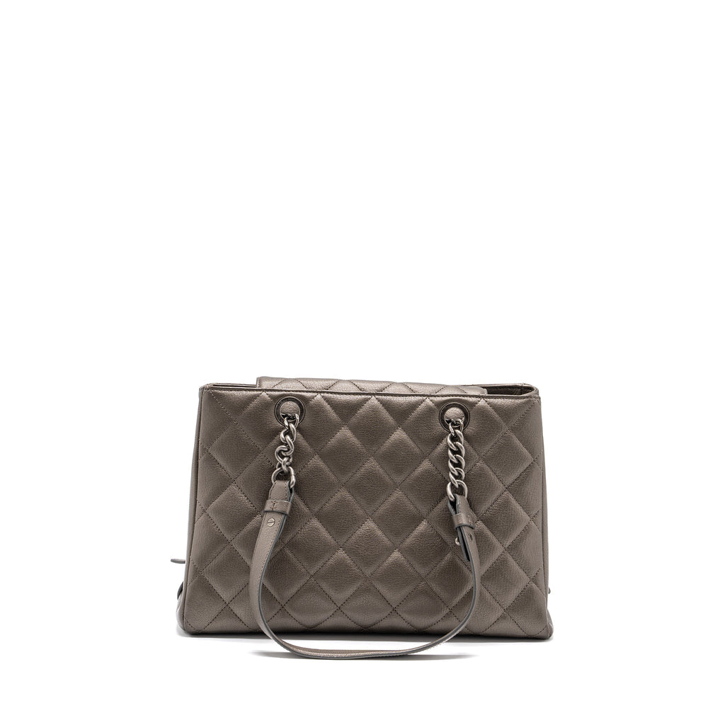 CHANEL QUILTED TOTE BAG GOATSKIN SILVER RUTHENIUM HARDWARE