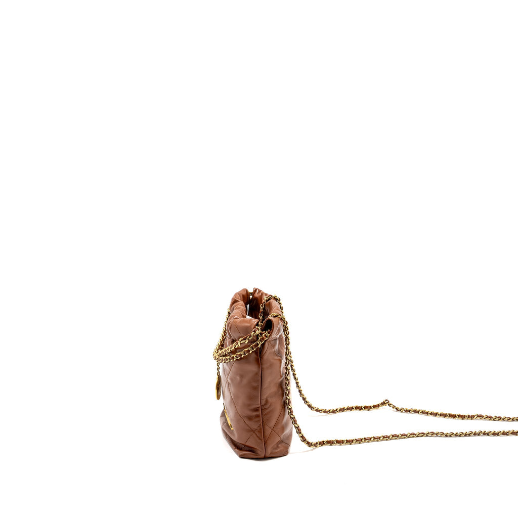 CHANEL MINI 22 BAG SHINY CALFSKIN CARAMEL GHW (MICROCHIP)