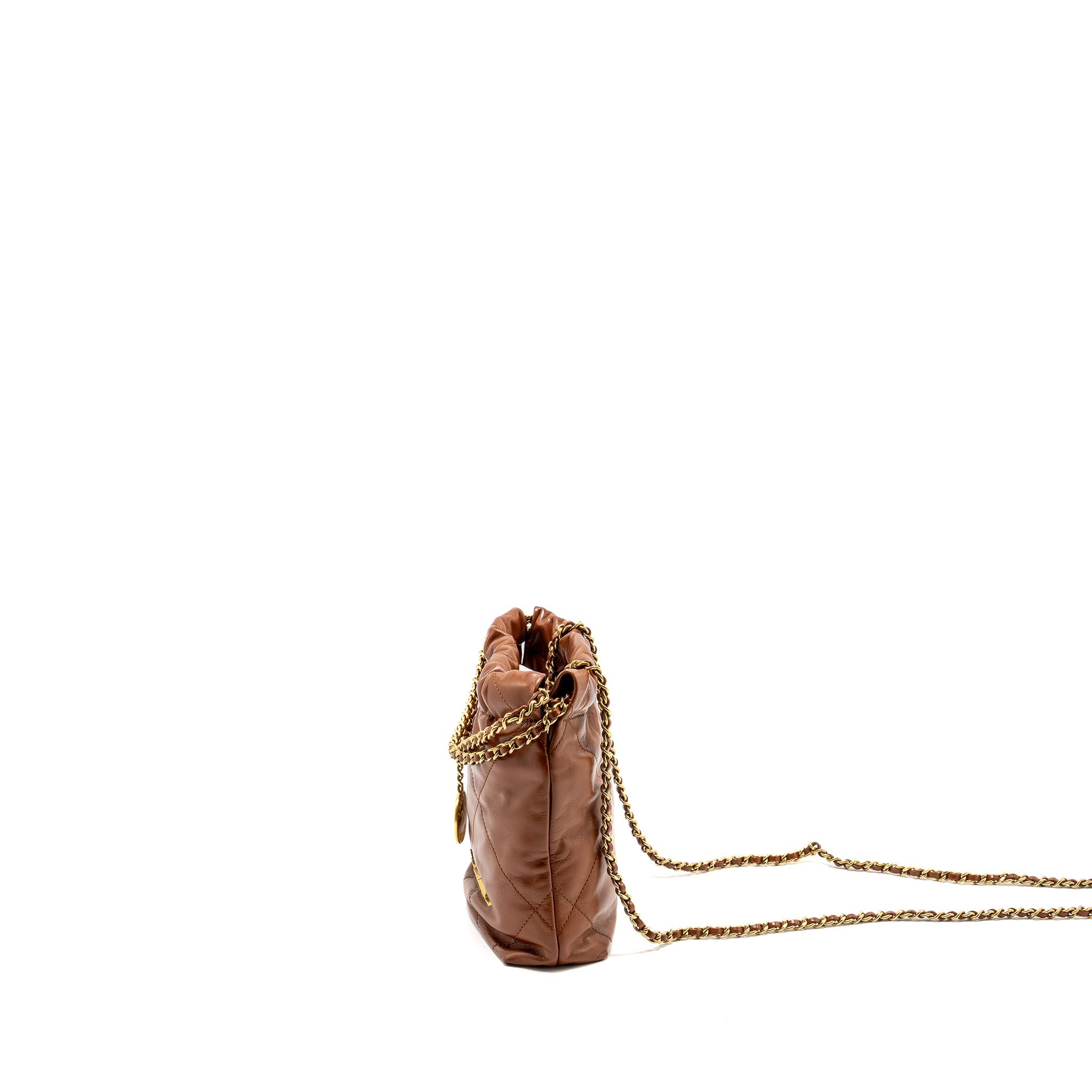 CHANEL MINI 22 BAG SHINY CALFSKIN CARAMEL GHW (MICROCHIP)