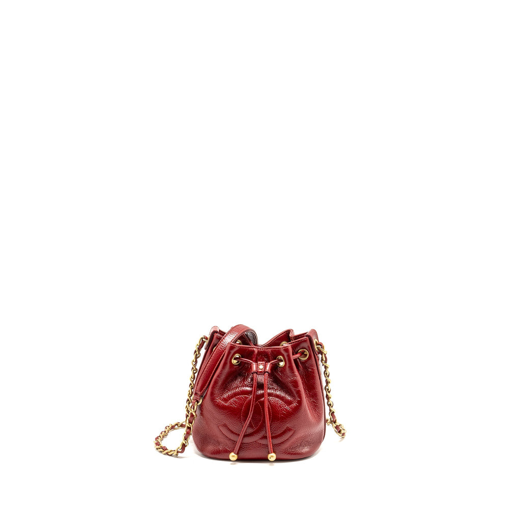 CHANEL CC DRAWSTRING MINI BUCKET BAG SHINY AGED CALFSKIN RED GHW