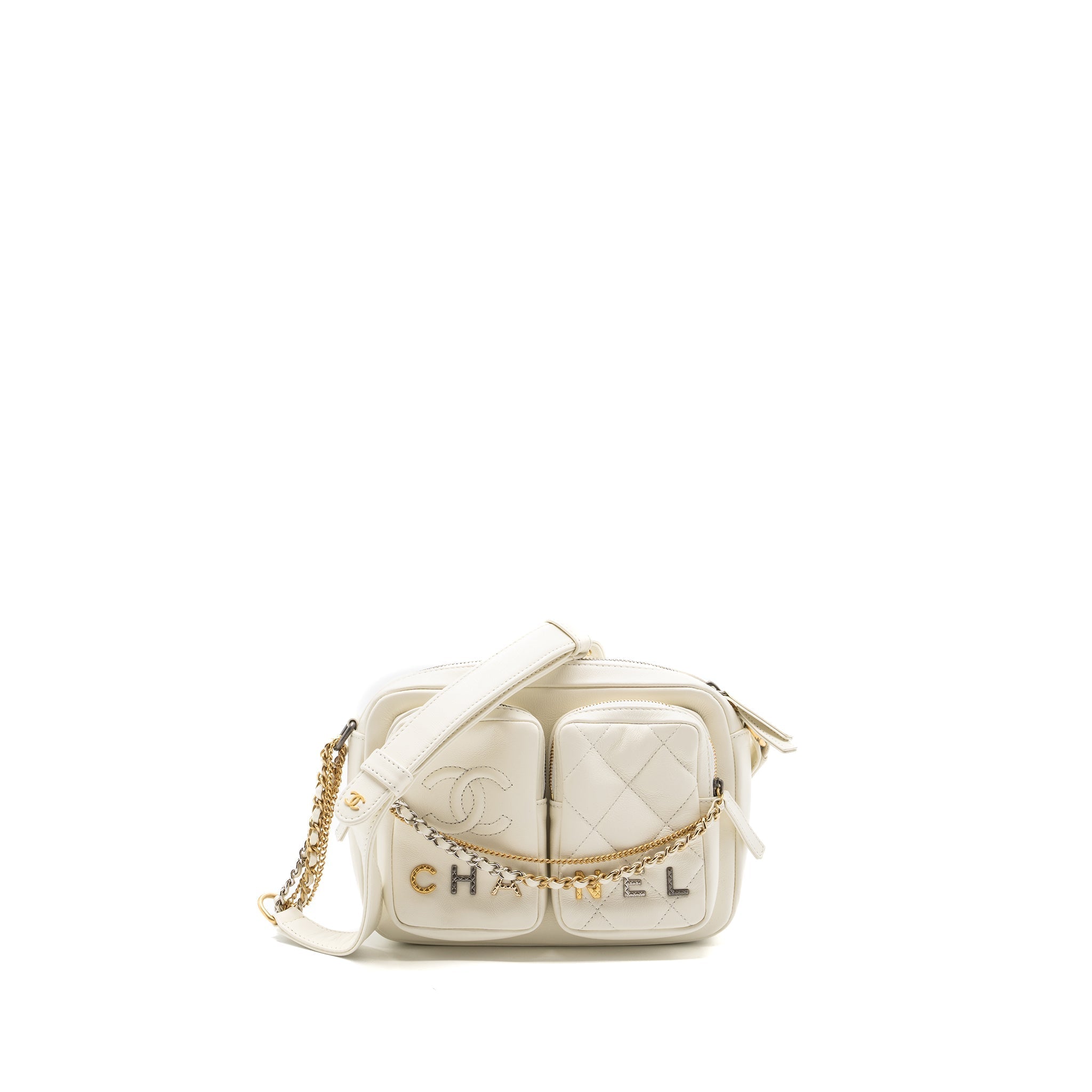 CHANEL SMALL CAMERA BAG CALFSKIN WHITE MULTICOLOUR HARDWARE(MICROCHIP)