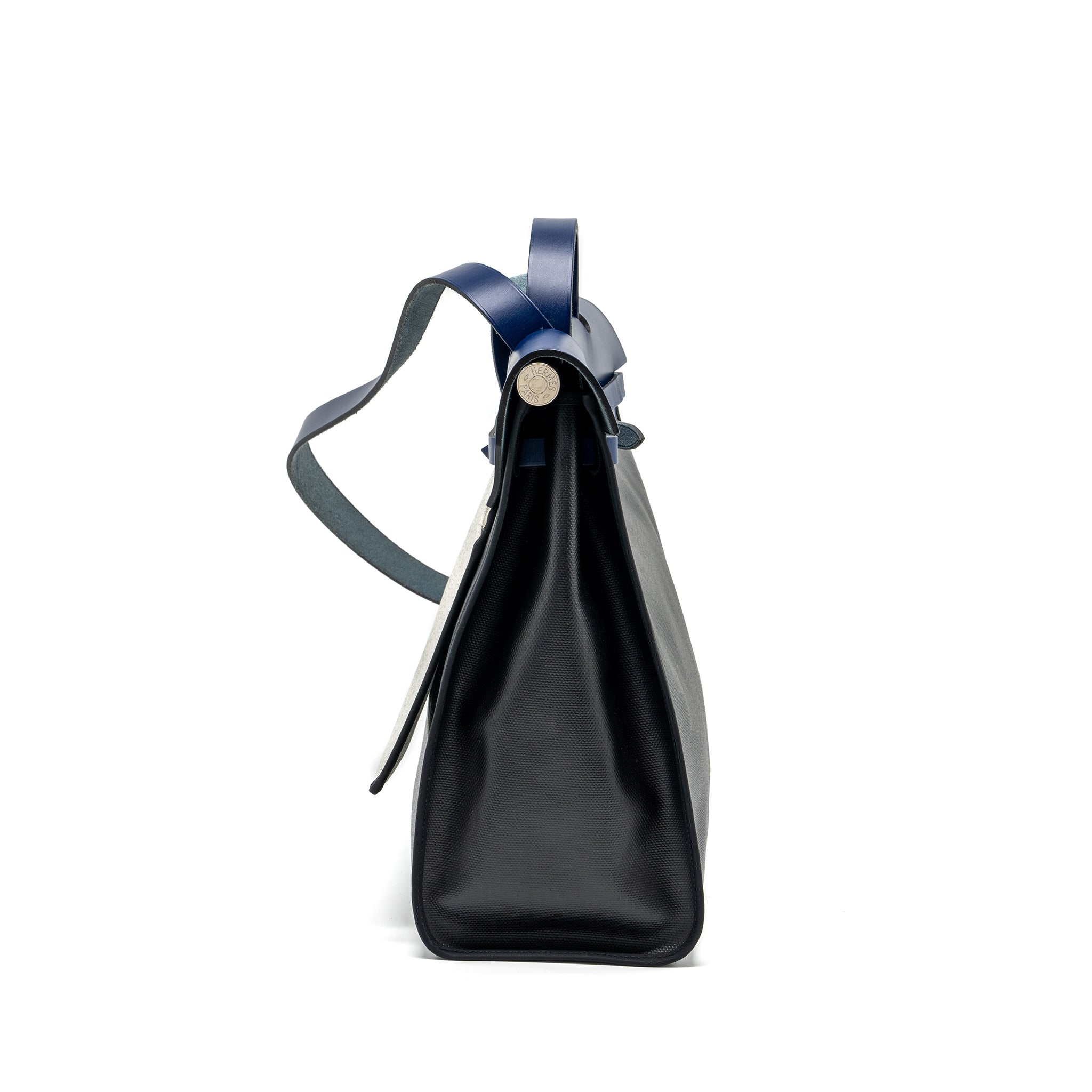 HERMES HERBAG ZIP 39 BAG BERLINE CANVAS/LEATHER BLACK/BLUE SHW