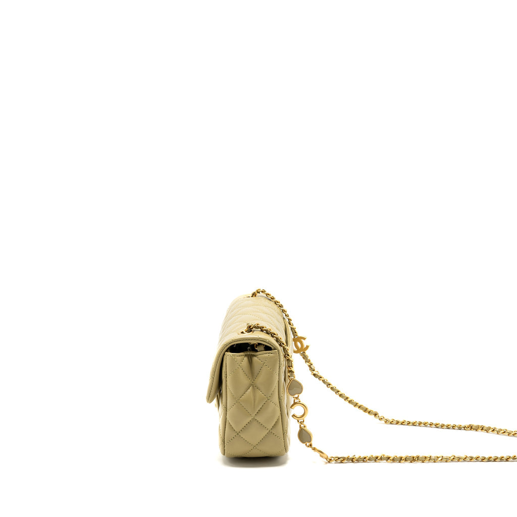 CHANEL QUILTED FLAP BAG WITH COCO LOVE CHAIN LAMBSKIN KHAKI GREEN GHW(MICROCHIP)