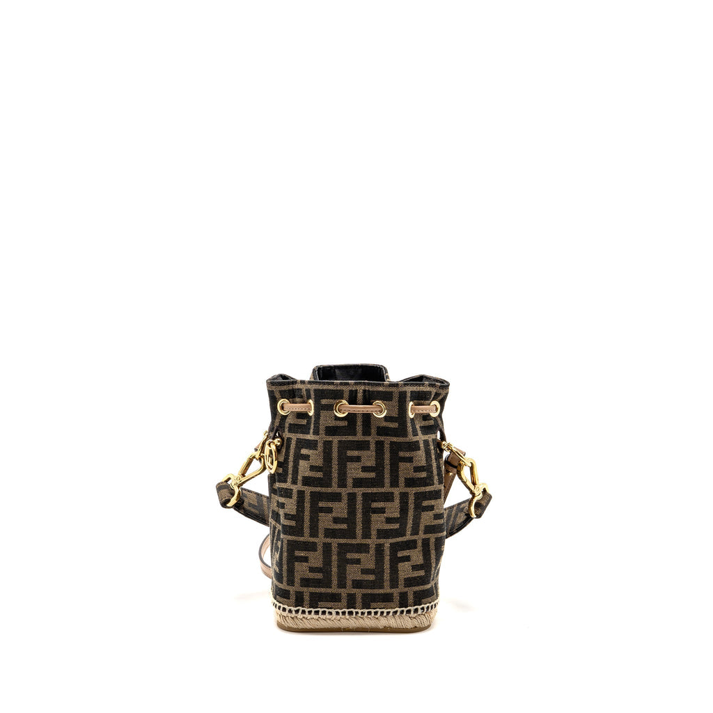 FENDI MINI MON TRESOR BUCKET BAG FF JACQUARD RAFFIA/FABRIC/CALFSKIN BROWN GHW