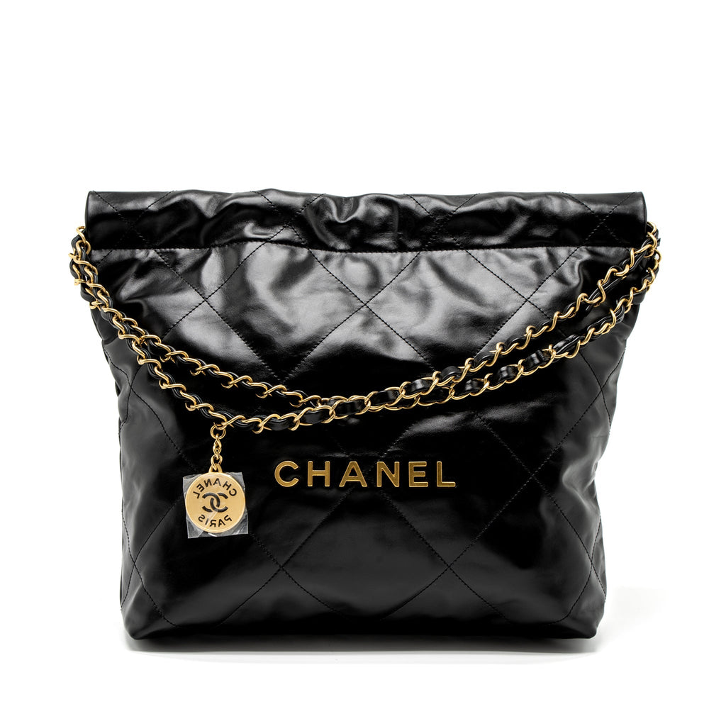 CHANEL SMALL 22 BAG SHINY CALFSKIN BLACK GHW (MICROCHIP)