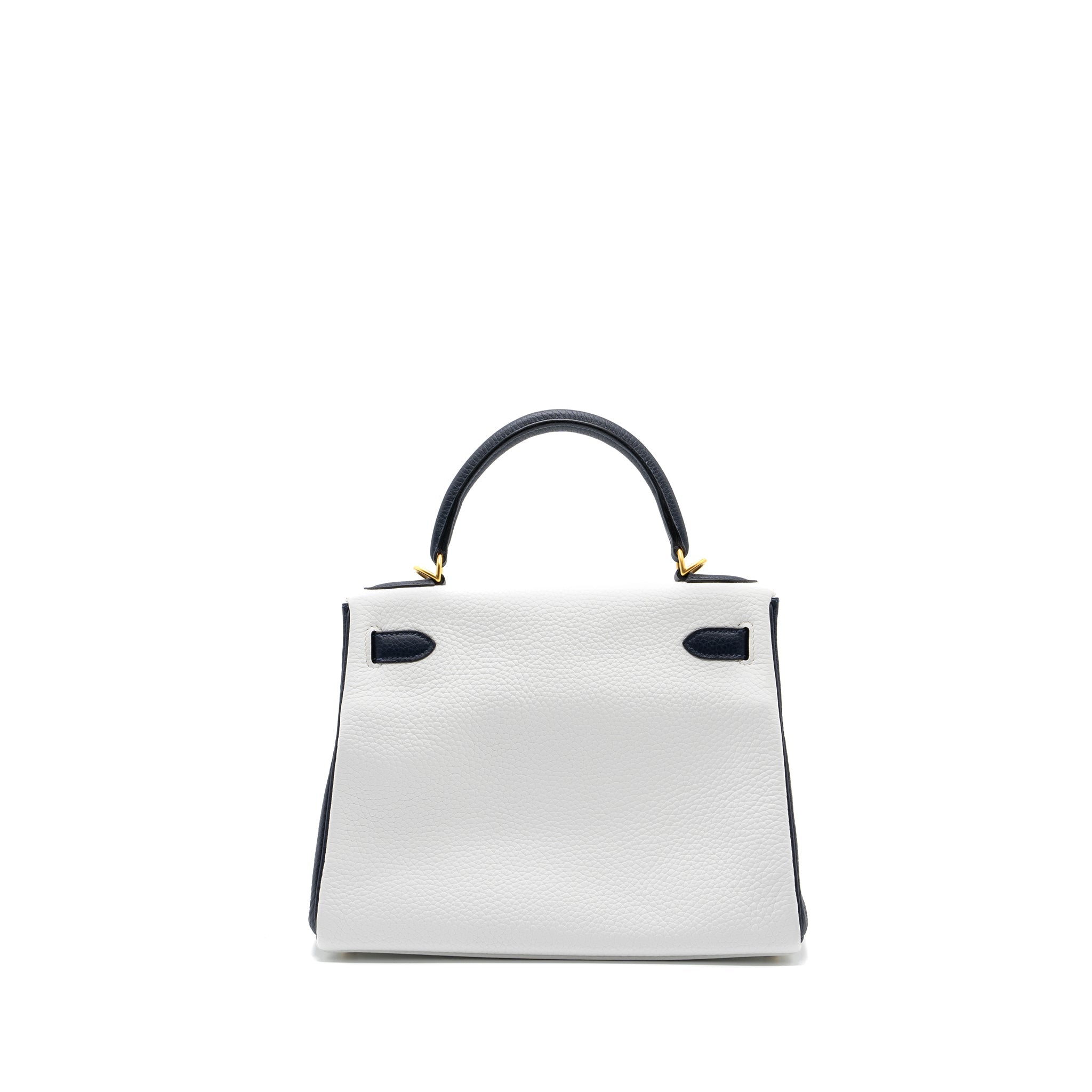 HERMES KELLY 28 SPECIAL ORDER CLEMENCE LEATHER BLANC / BLUE NUIT BRUSHED GHW
