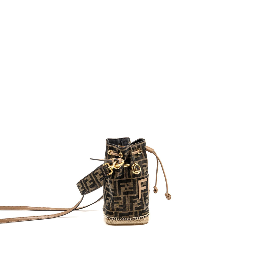FENDI MINI MON TRESOR BUCKET BAG FF JACQUARD RAFFIA/FABRIC/CALFSKIN BROWN GHW