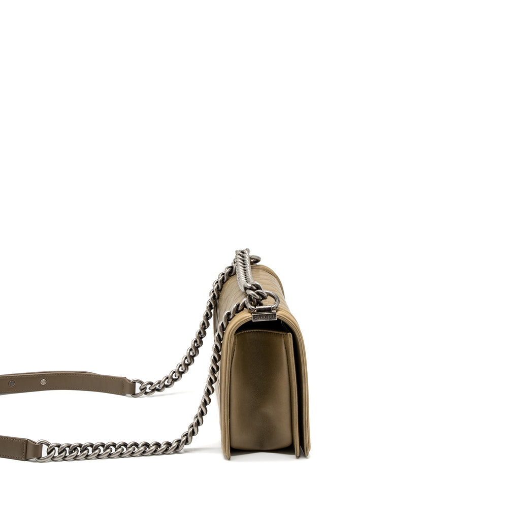 CHANEL MEDIUM BOY BAG LAMBSKIN KHAKI RUTHENIUM HARDWARE