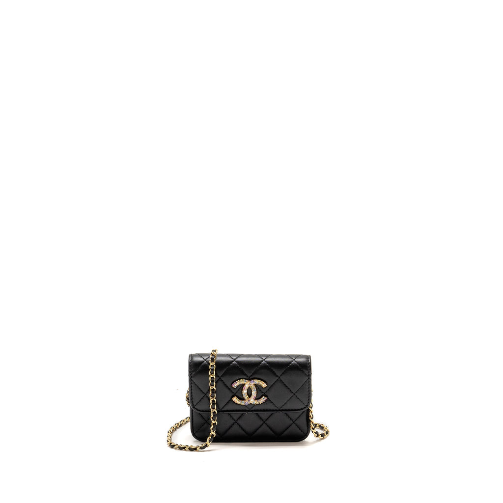 CHANEL ZIRCONIUM FLAP CLUTCH/CARD HOLDER WITH CHAIN LAMBSKIN BLACK GHW