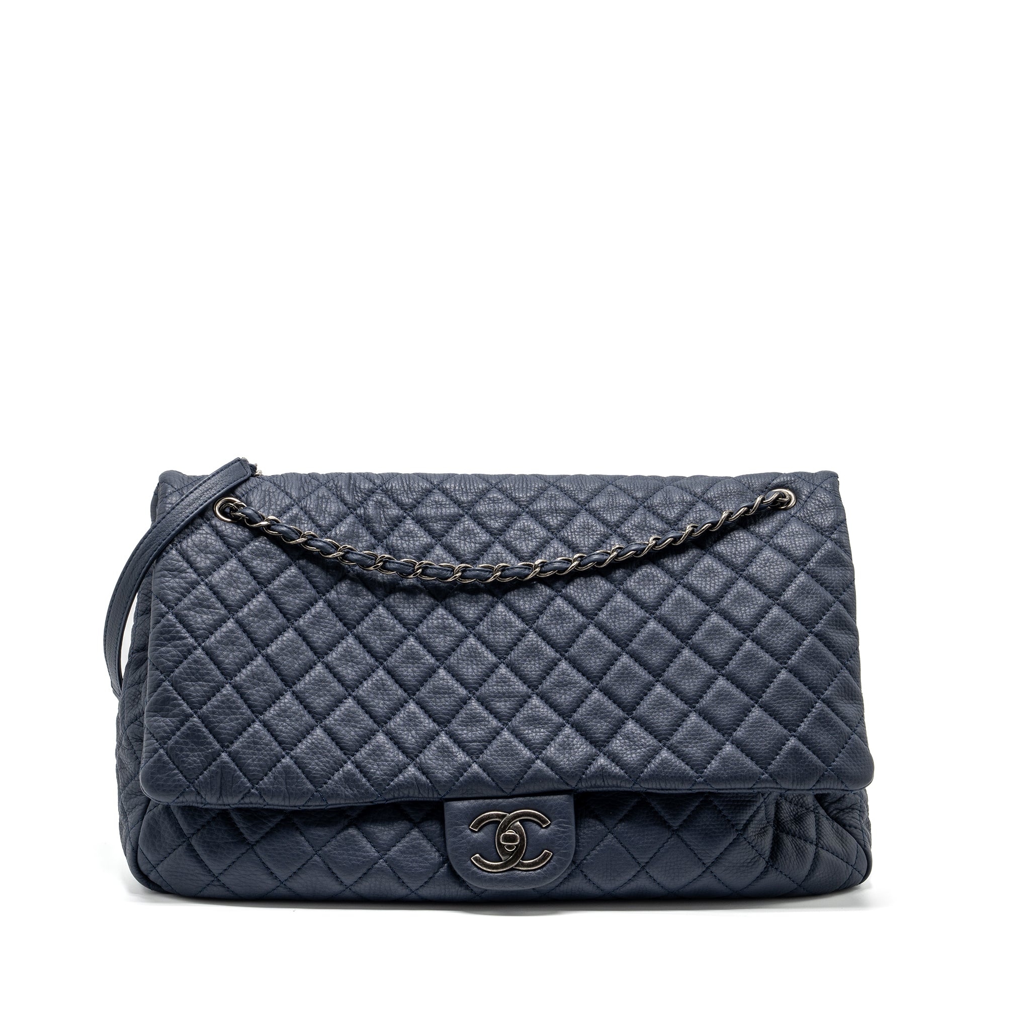 CHANEL XXL AIRLINE CLASSIC FLAP BAG GRAINED CALFSKIN DARK BLUE RUTHENIUM HARDWARE
