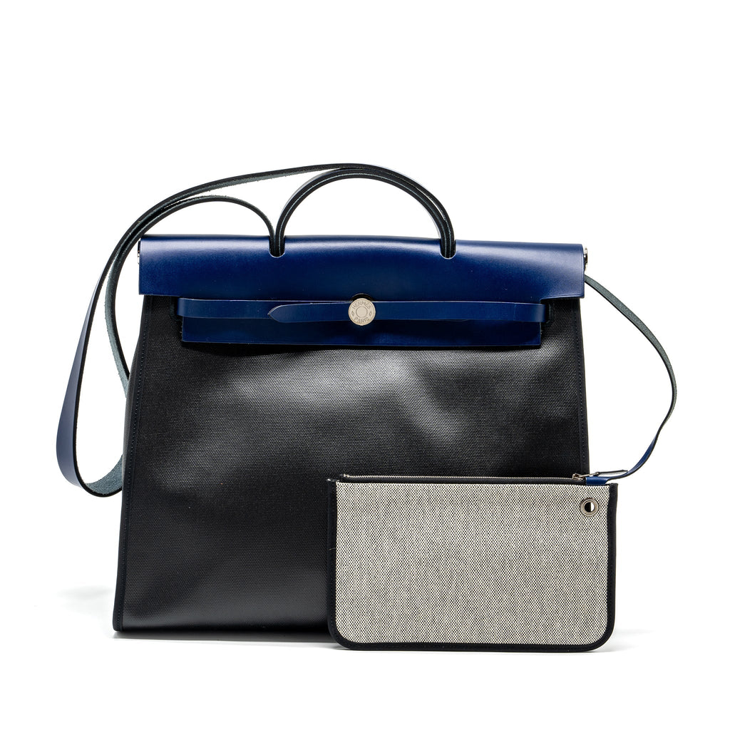 HERMES HERBAG ZIP 39 BAG BERLINE CANVAS/LEATHER BLACK/BLUE SHW