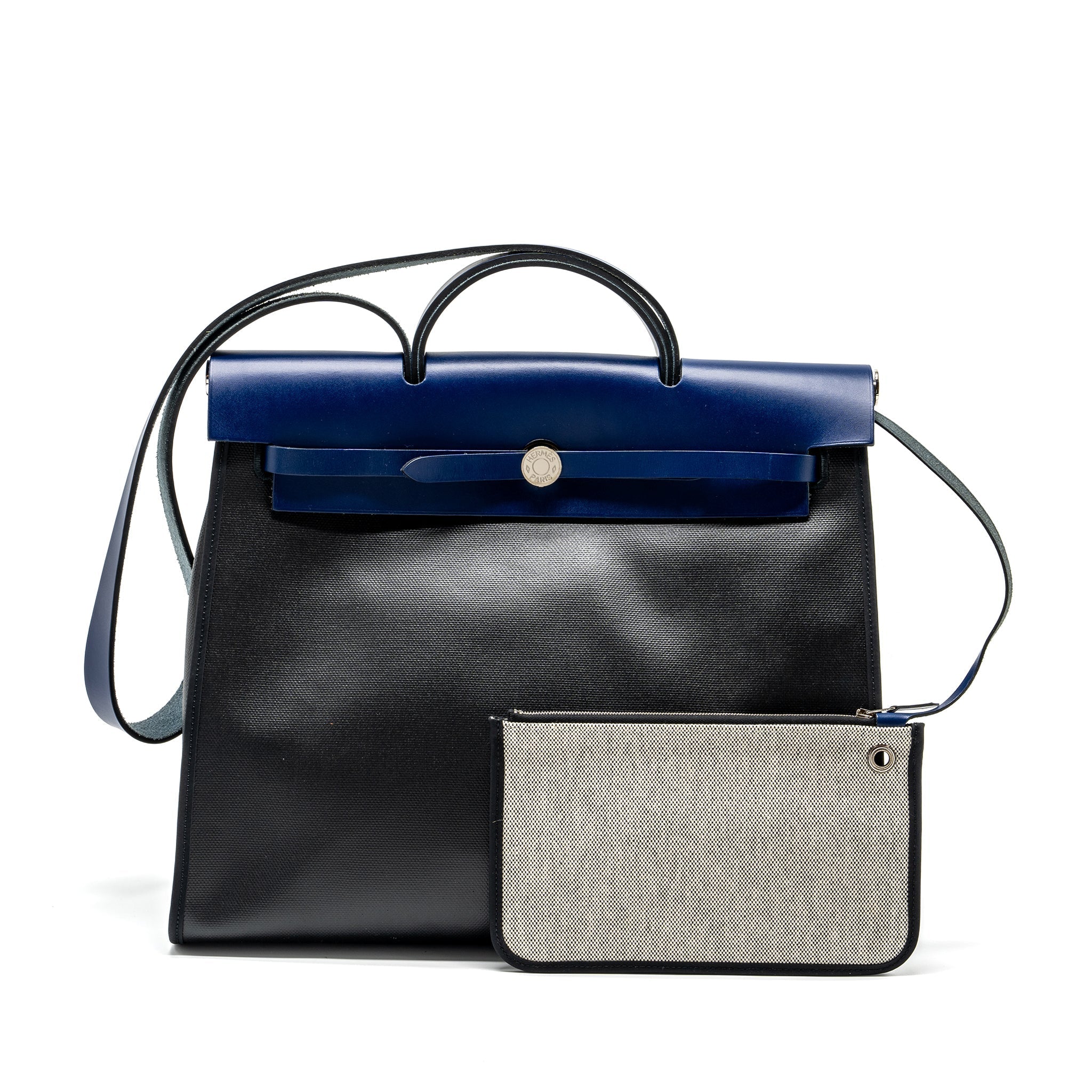 HERMES HERBAG ZIP 39 BAG BERLINE CANVAS/LEATHER BLACK/BLUE SHW