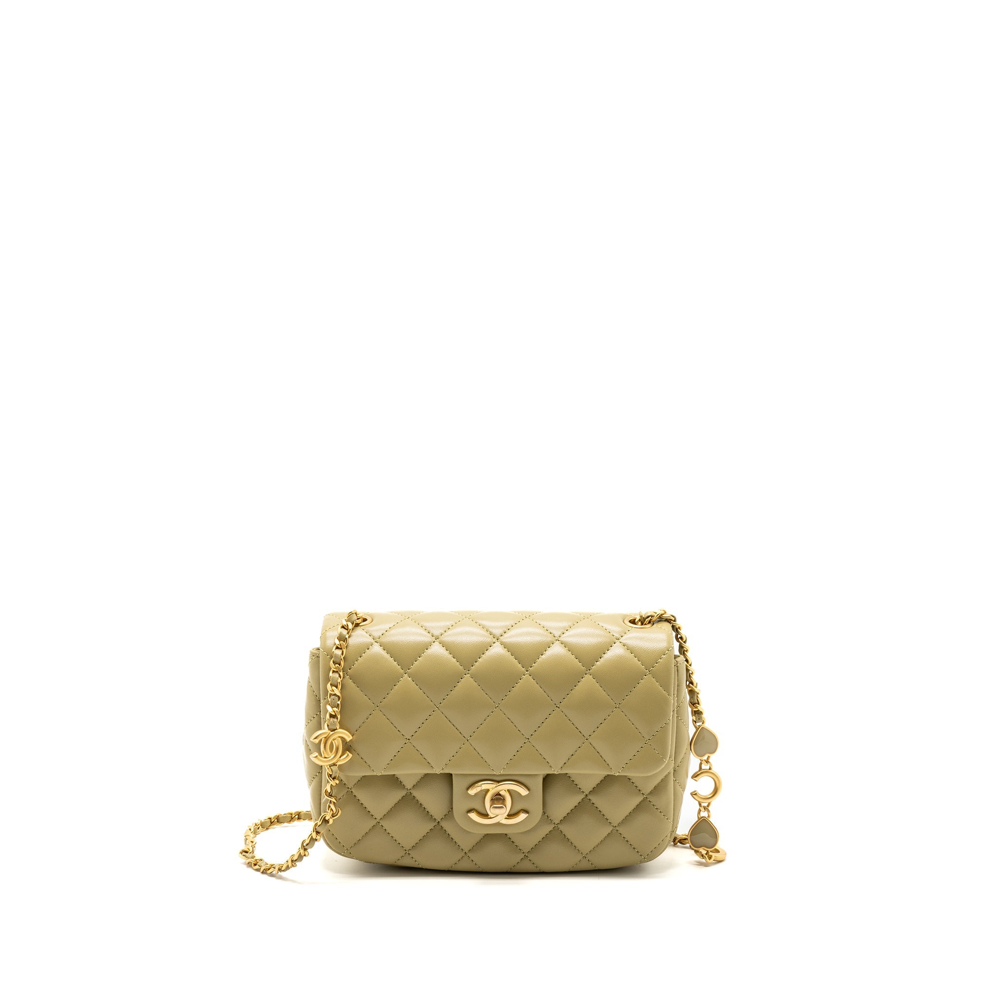 CHANEL QUILTED FLAP BAG WITH COCO LOVE CHAIN LAMBSKIN KHAKI GREEN GHW(MICROCHIP)