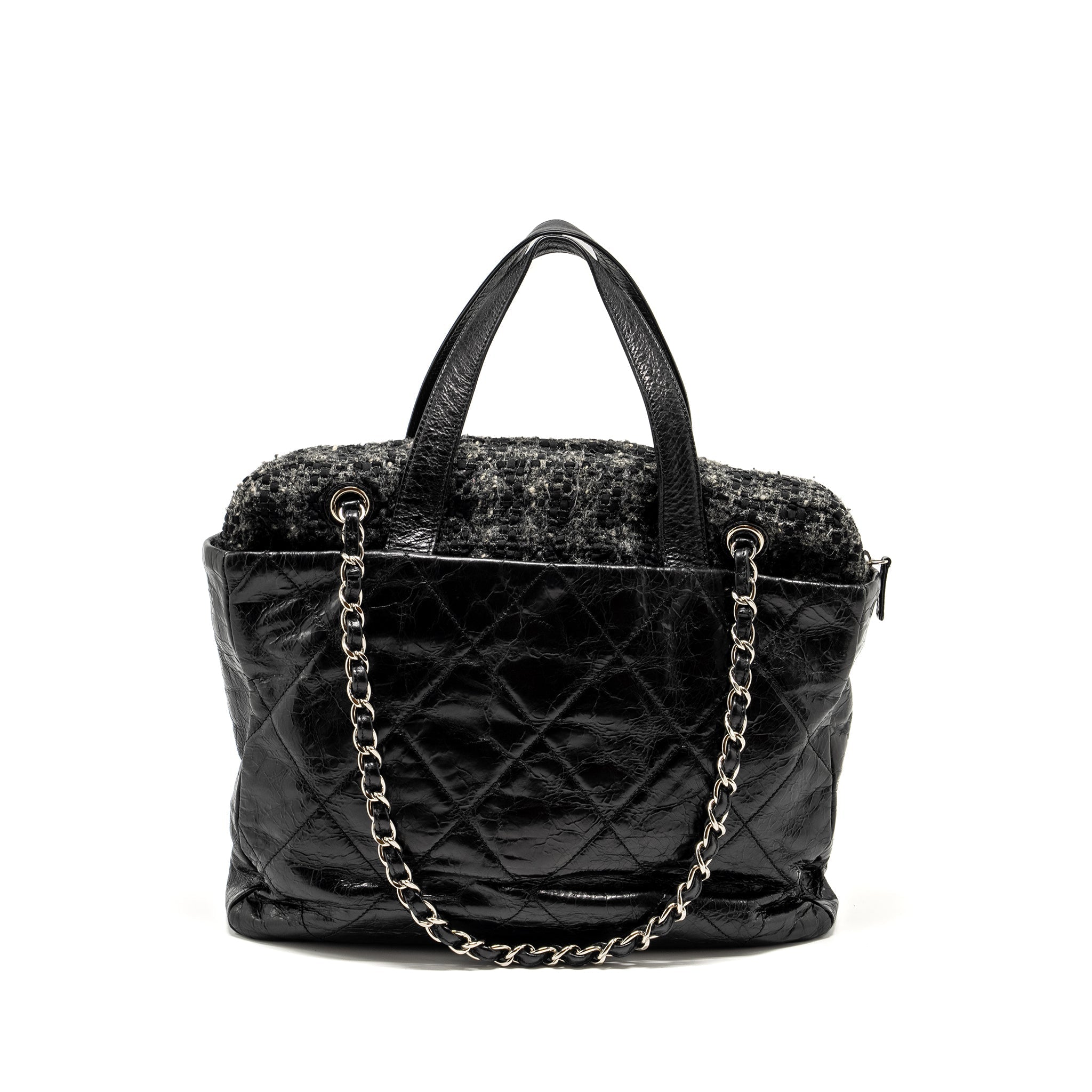 CHANEL PORTOBELLO TOTE BAG CALFSKIN/TWEED BLACK/GREY SHW