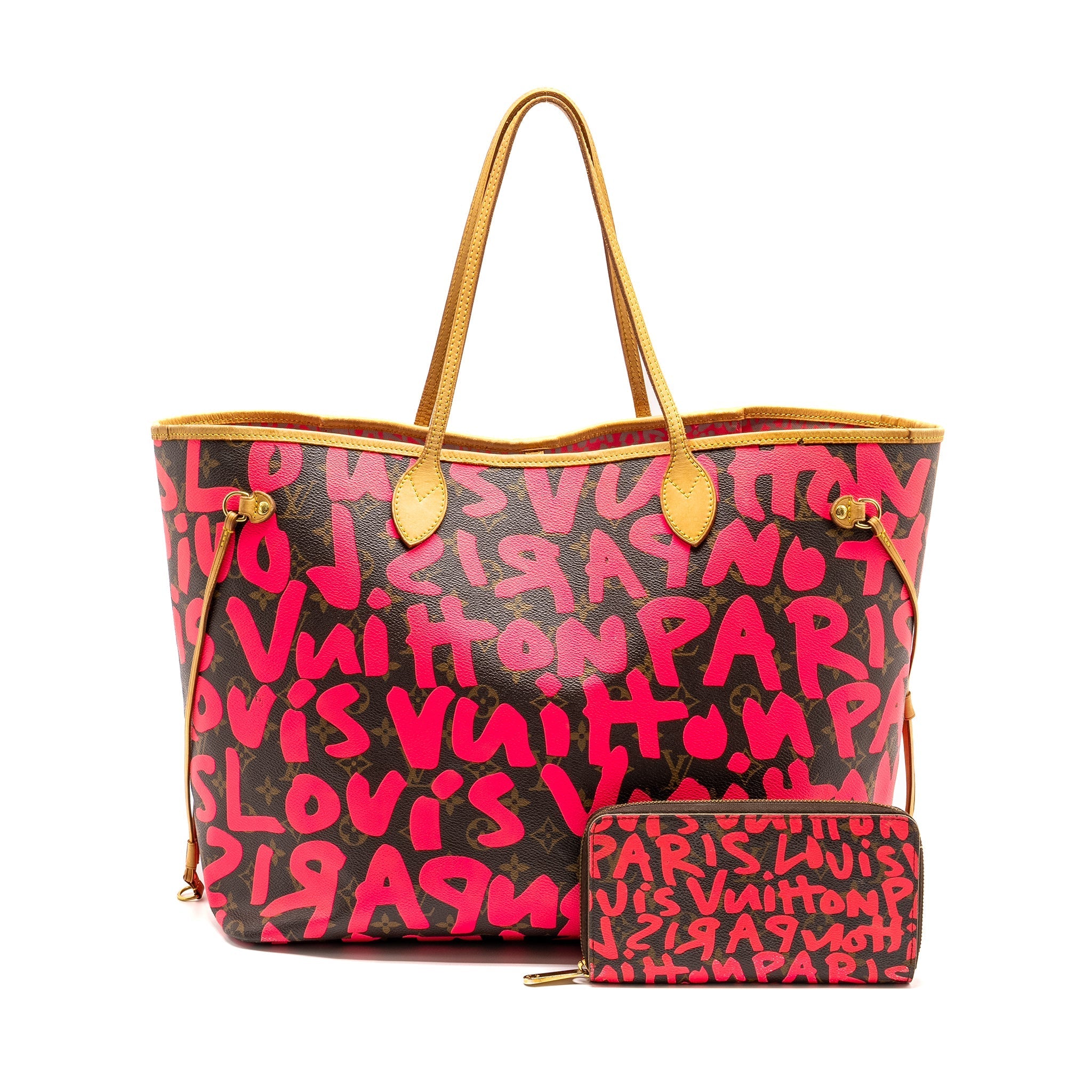 LOUIS VUITTON NEVERFULL GM STEPHEN SPROUSE PINK MONOGRAM GRAFFITI COATED / ZIP WALLET GHW (SELL IN A SET)