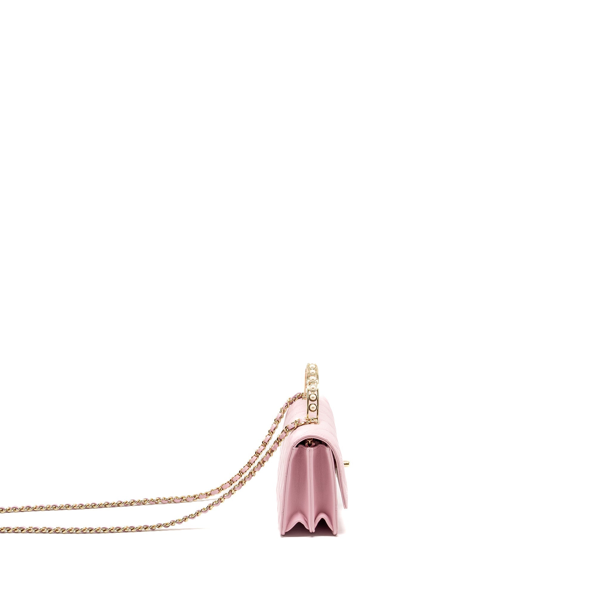 CHANEL PEARL DETAILED TOP HANDEL WALLET ON CHAIN LAMBSKIN PINK LGHW (MICROCHIP)