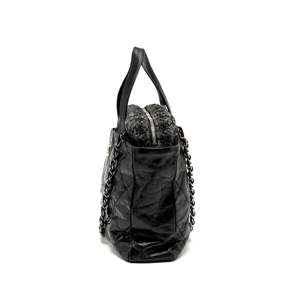CHANEL PORTOBELLO TOTE BAG CALFSKIN/TWEED BLACK/GREY SHW