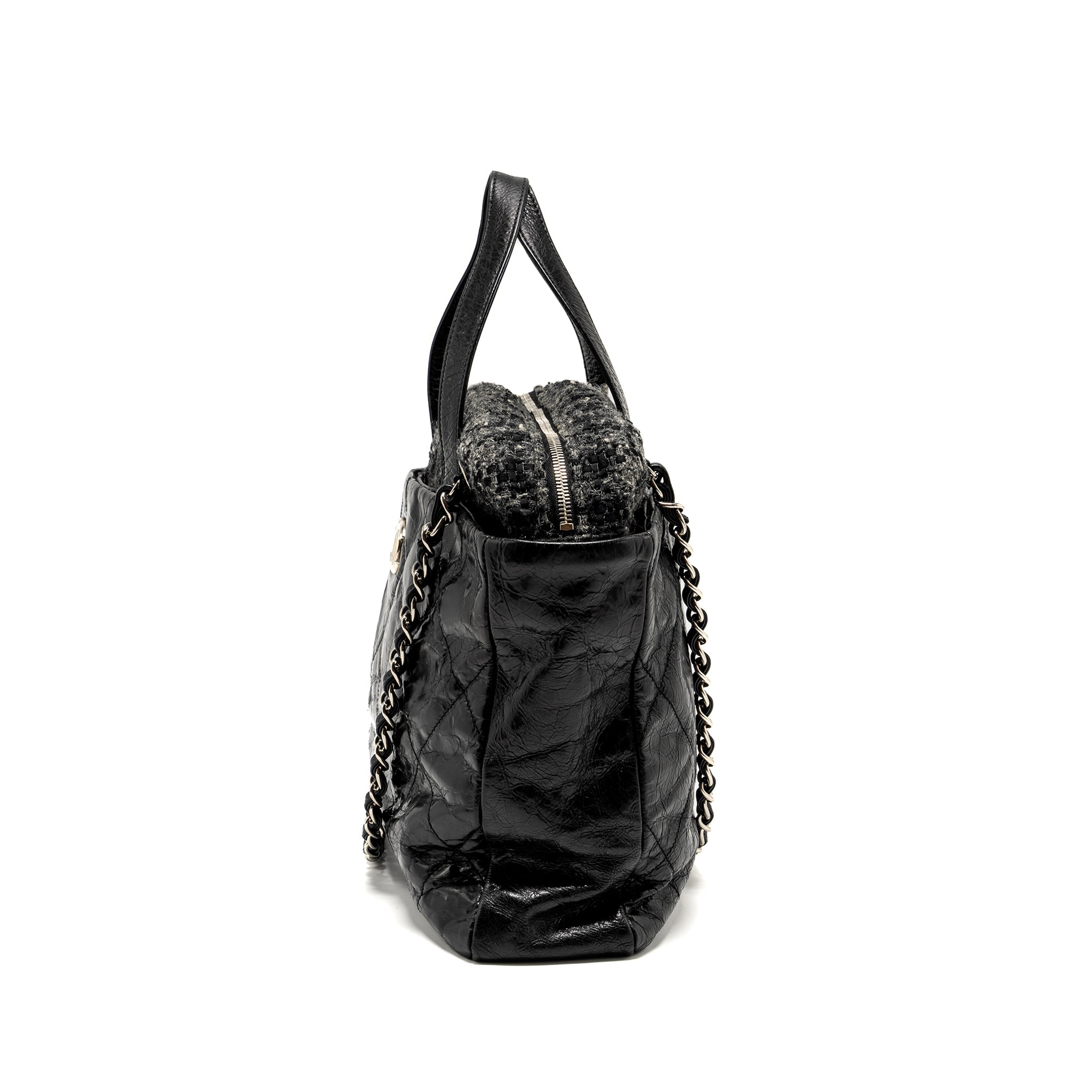 CHANEL PORTOBELLO TOTE BAG CALFSKIN/TWEED BLACK/GREY SHW