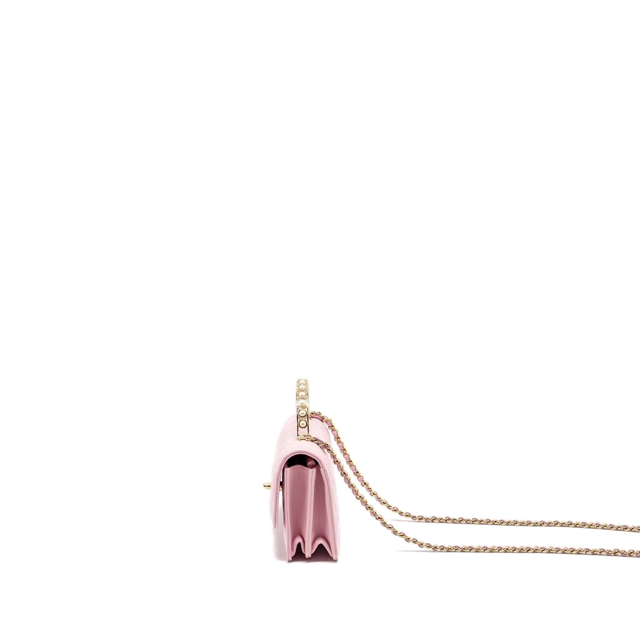 CHANEL PEARL DETAILED TOP HANDEL WALLET ON CHAIN LAMBSKIN PINK LGHW (MICROCHIP)
