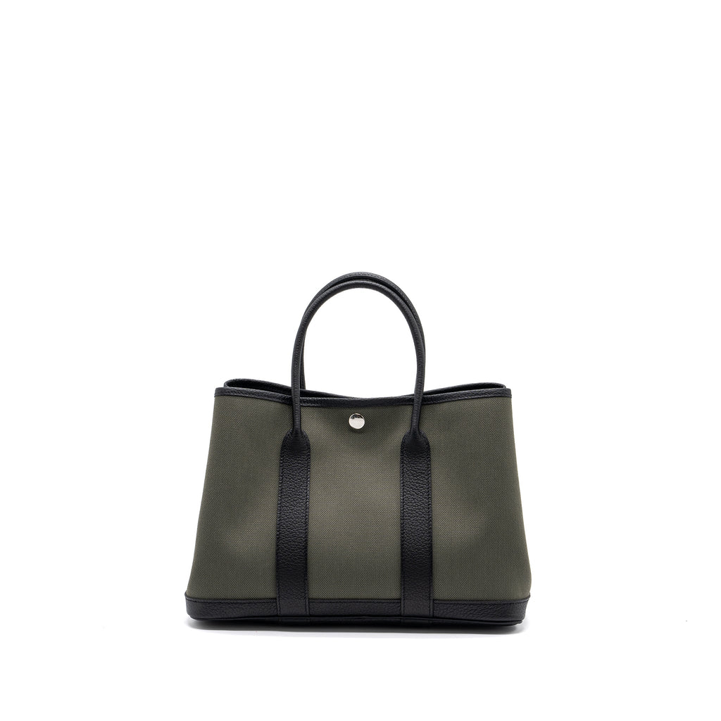HERMES GARDEN PARTY 30 TOILE MILITAIRE/NEGONDA VERT DE GRIS/BLACK SHW