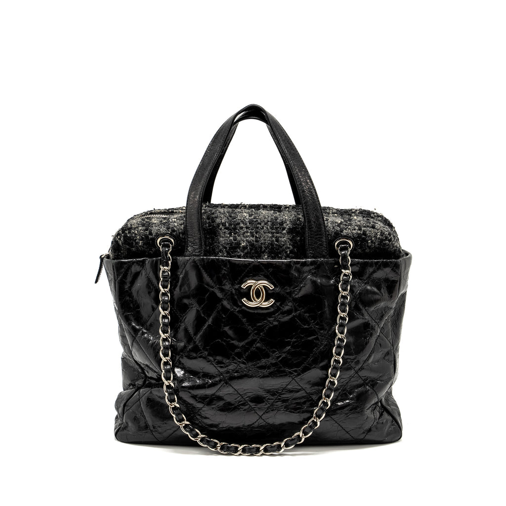 CHANEL PORTOBELLO TOTE BAG CALFSKIN/TWEED BLACK/GREY SHW