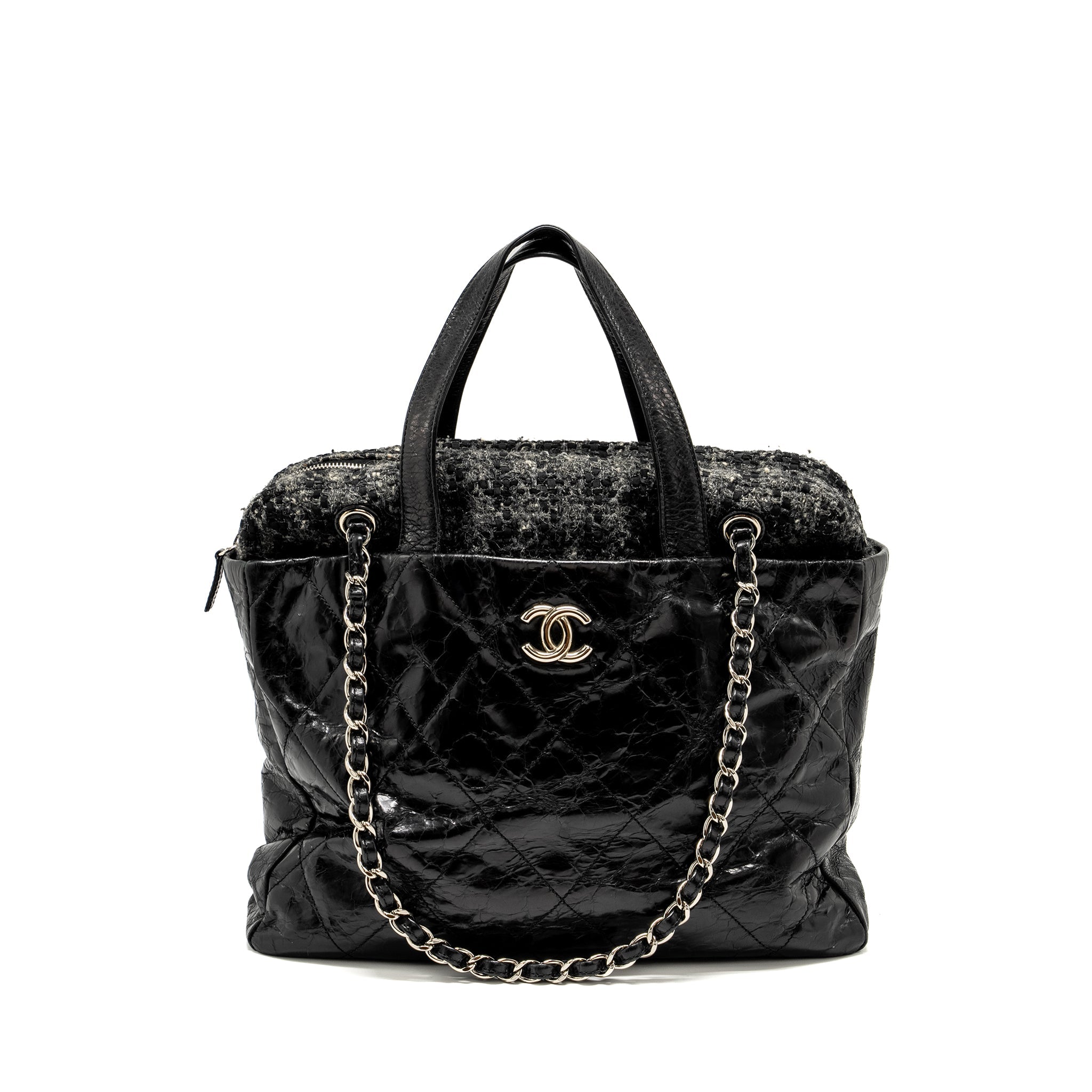 CHANEL PORTOBELLO TOTE BAG CALFSKIN/TWEED BLACK/GREY SHW