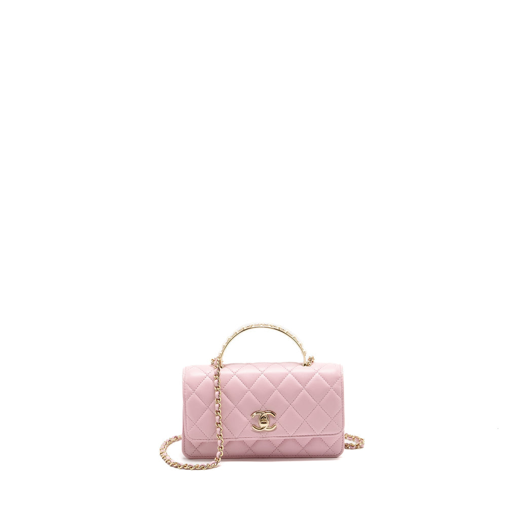 CHANEL PEARL DETAILED TOP HANDEL WALLET ON CHAIN LAMBSKIN PINK LGHW (MICROCHIP)