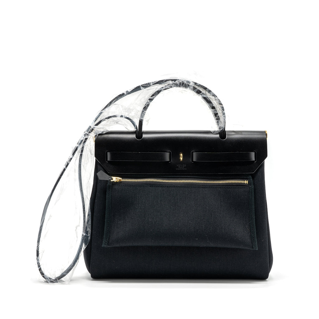 HERMES HERBAG ZIP 31 BAG CANVAS/ HUNTER LEATHER BLACK GHW