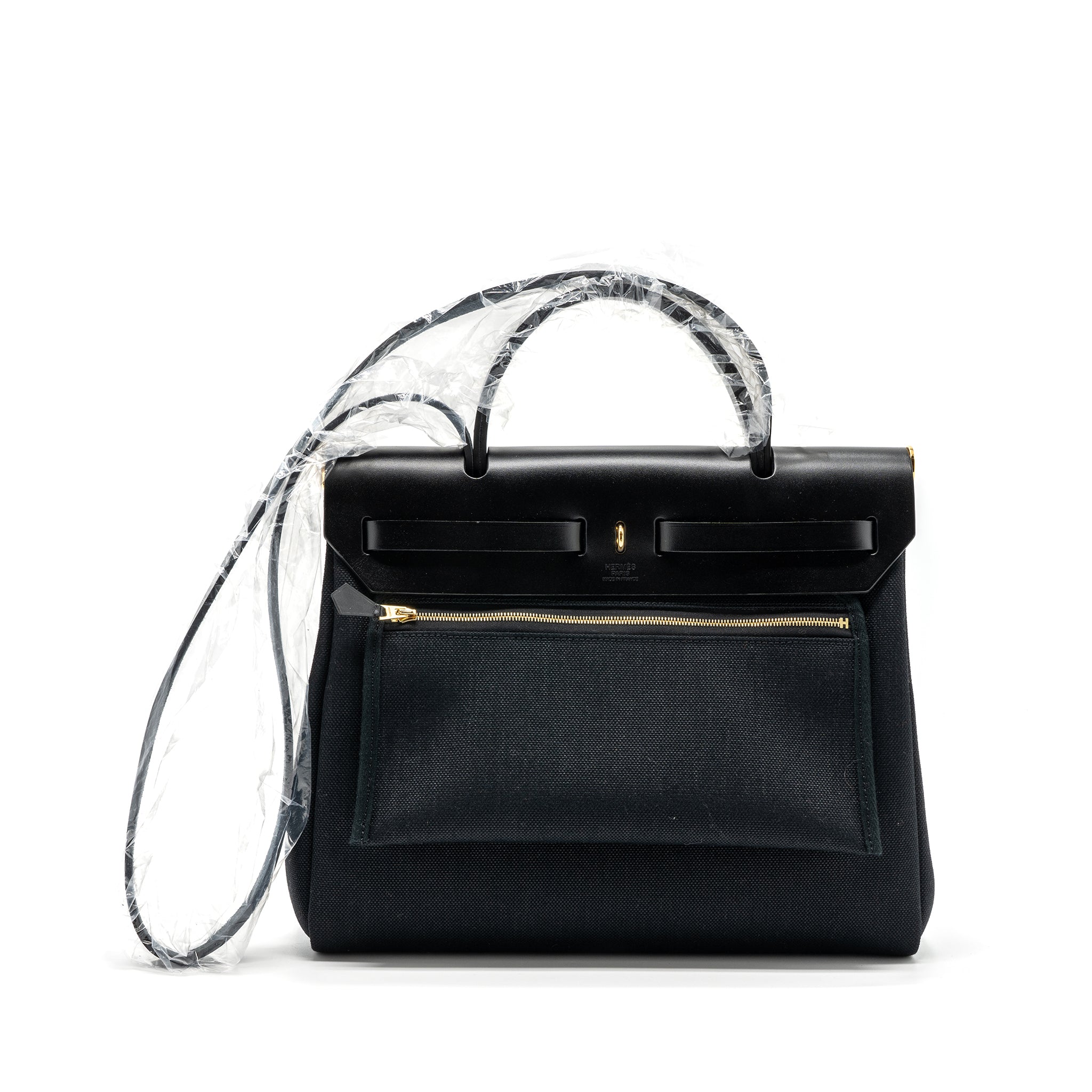 HERMES HERBAG ZIP 31 BAG CANVAS/ HUNTER LEATHER BLACK GHW