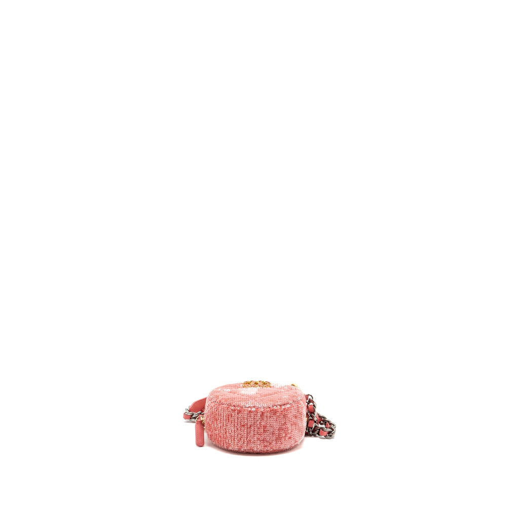 CHANEL 19 ROUND PURSE WITH CHAIN SEQUINS PINK MULTICOLOUR HARDWARE
