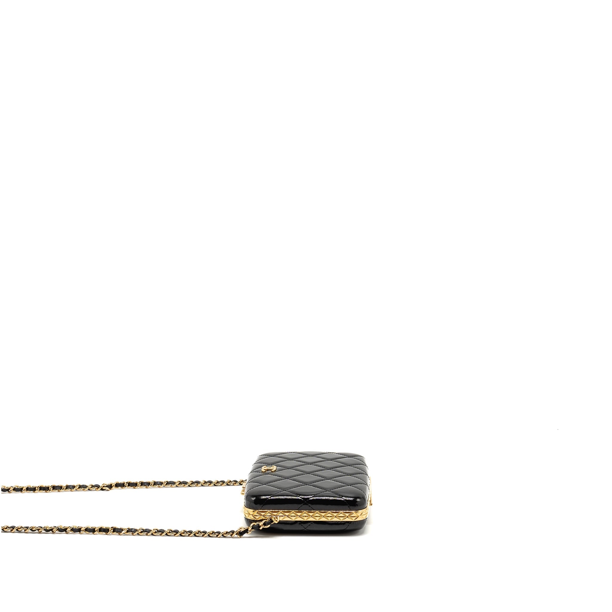CHANEL 21A CC BOX WITH CHAIN PATENT BLACK GHW